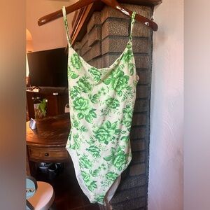 Aerie Tie Back One Piece Swimsuit in Green Toile Floral for a Long Torso